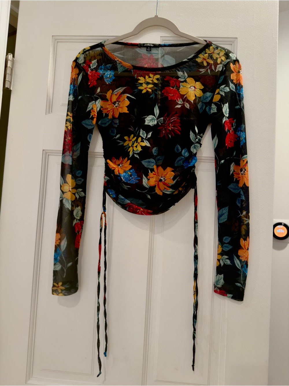 Ambiance Black Sheer Floral Long-Sleeve Drawstring Top